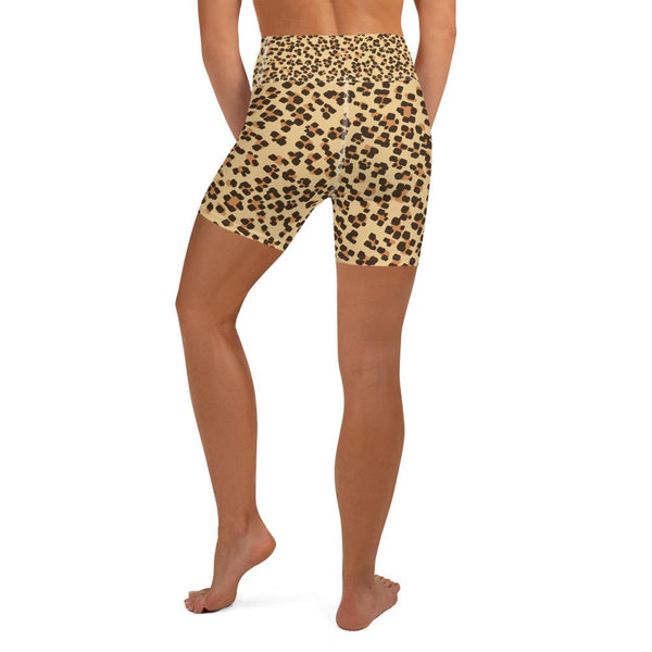 Brown Cute Leopard Animal Print Premium Women's Yoga Shorts Pants- Made in USA/ EU-Yoga Shorts-Heidi Kimura Art LLC