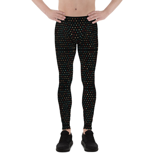 Black Geometric Triangles Men's Leggings, Stylish Patterned Meggings For Men-Heidikimurart Limited -Heidi Kimura Art LLC