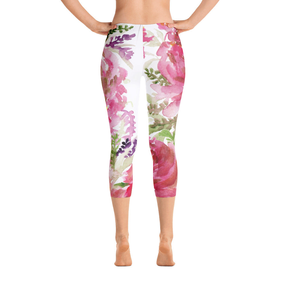 Rosewood Pink Rose Floral Capri Leggings Casual Comfy Outfits - Made in USA-capri leggings-XS-Heidi Kimura Art LLC