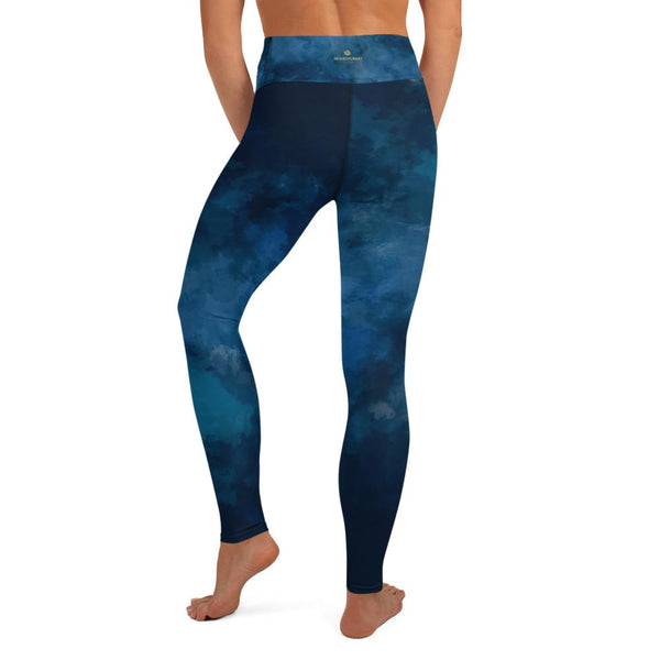Blue Women's Long Yoga Leggings, Abstract Cloud Print Tights/Pants - Made in USA/ EU-Leggings-Heidi Kimura Art LLC