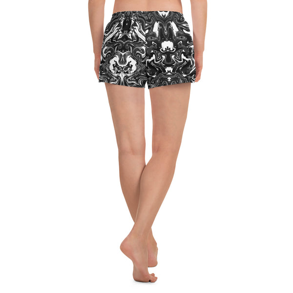 Marbled Women's Shorts, Black Marbled Print Athletic Short Pants-Made in EU-Heidi Kimura Art LLC-Heidi Kimura Art LLC Marbled Women's Shorts, Black Marbled Print Designer Best Women's Athletic Running Short Printed Water-Repellent Microfiber Individually Sewn Shorts With Elastic Waistband With A Drawstring And Mesh Side Pockets - Made in USA/EU (US Size: XS-3XL) Running Shorts Womens, Printed Running Shorts, Plus Size Available, Perfect for Running and Swimming 