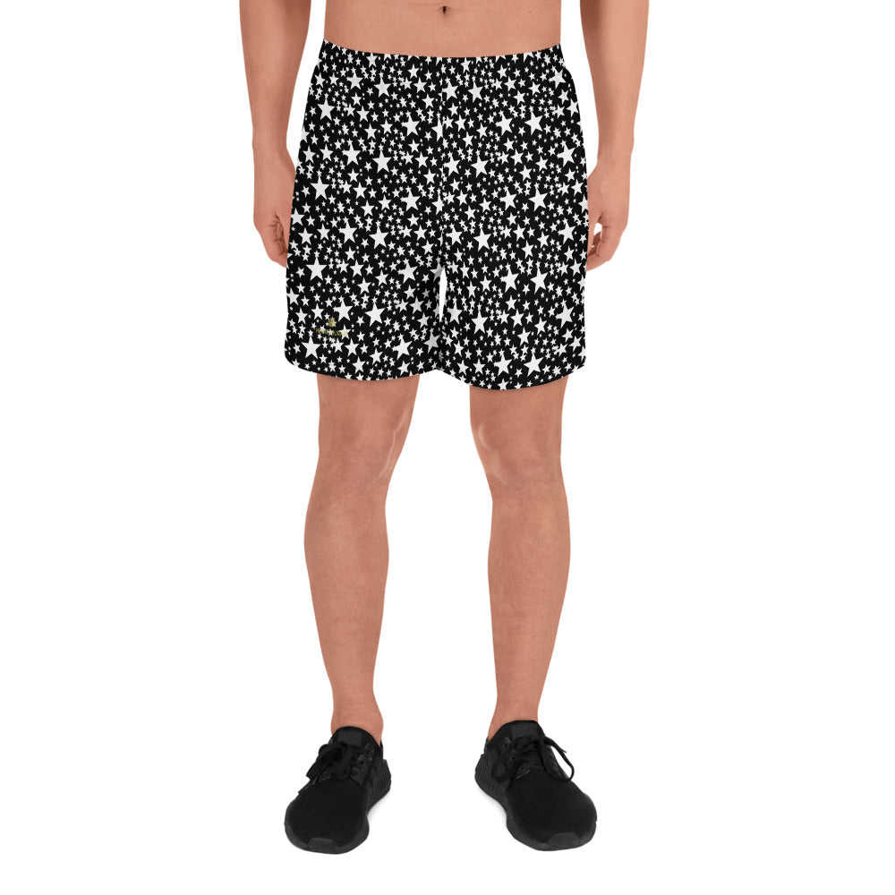 Black White Stars Print Pattern Men's Athletic Long Shorts With Pockets- Made in USA/EU-Men's Long Shorts-XS-Heidi Kimura Art LLC