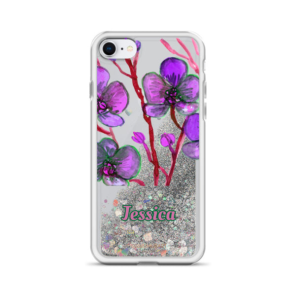 Personalized Orchid Glitter iPhone Case, Floral Print Liquid Glitter Phone Case-Heidi Kimura Art LLC-Silver-iPhone SE-Heidi Kimura Art LLC