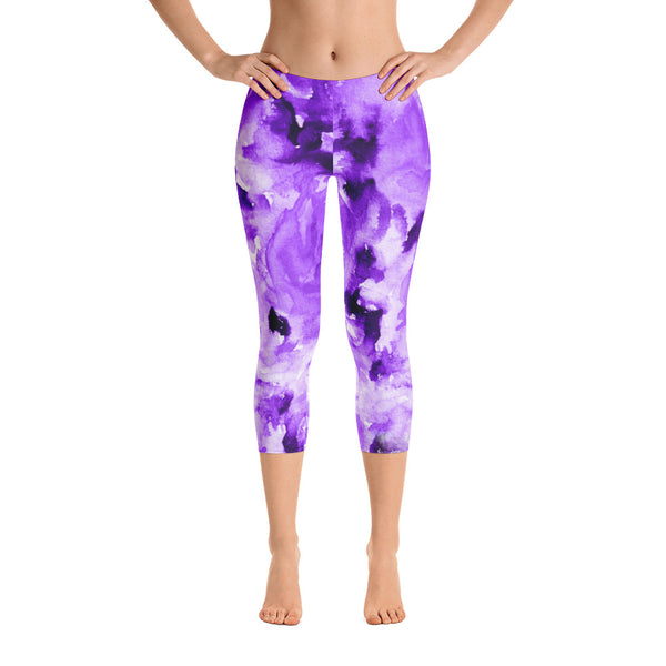 Purple Rose Floral Designer Capri Leggings Activewear Outfit Yoga Pants - Made in USA-capri leggings-Heidi Kimura Art LLC