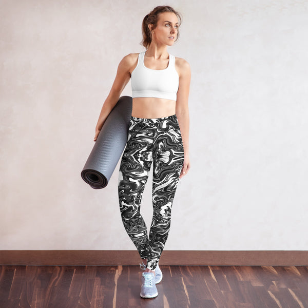 Black Marble Yoga Leggings, Marble Print Long Tights-Made in USA/EU-Heidi Kimura Art LLC-Heidi Kimura Art LLC