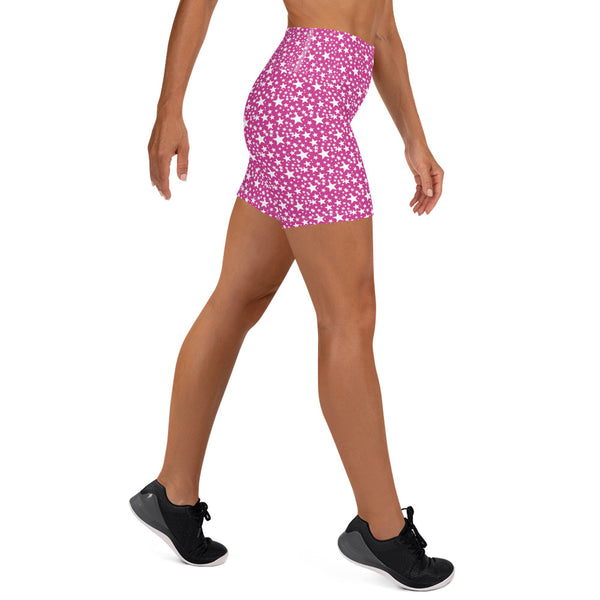 Pink White Star Print Pattern Women's Workout Fitness Yoga Shorts- Made in USA/EU-Yoga Shorts-Heidi Kimura Art LLC