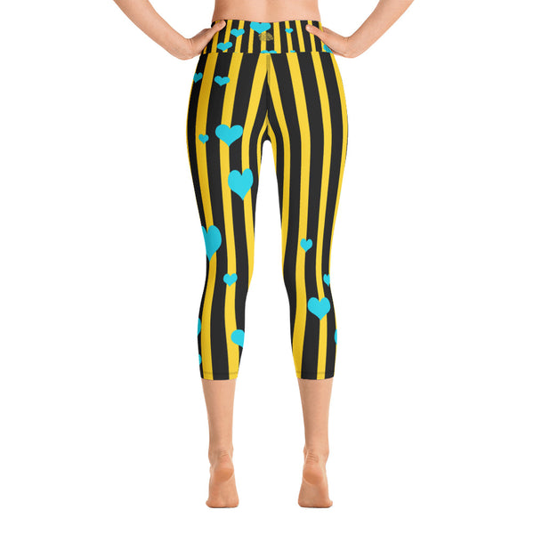 Black Yellow Striped Yoga Capri Pants, Women's Capris Leggings w/ Pockets -Made In USA-Capri Yoga Pants-Heidi Kimura Art LLC