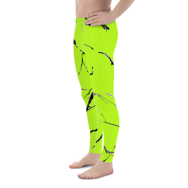 Neon Green Marble Texture Print Sexy Meggings Men's Workout Gym Tights Leggings-Men's Leggings-Heidi Kimura Art LLC