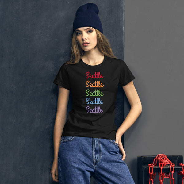 Seattle Rainbow Print Gay Pride 100% Cotton Women's Short Sleeve T-shirt (US Size: S-XL)-T-Shirt-Black-S-Heidi Kimura Art LLC