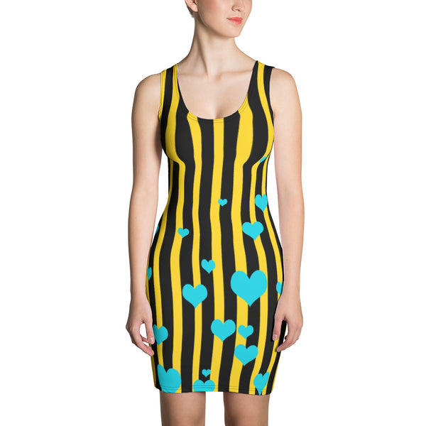 Designer Striped Print Black + Yellow Women's One-Piece Dress- Made in USA/ Europe-Women's Sleeveless Dress-XS-Heidi Kimura Art LLC Yellow Bee Striped Women's Dress, Best