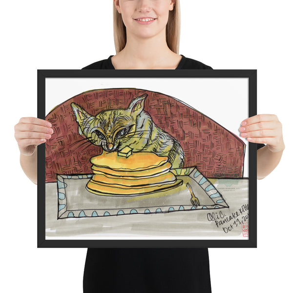 Super Hungry Gray Pancake Cat Framed Poster - Made in USA-Art Print-16×20-Heidi Kimura Art LLC
