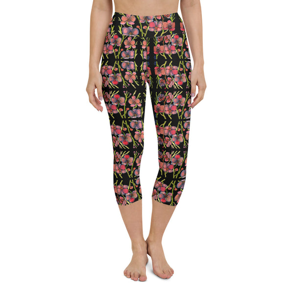 Pink Orchids Yoga Capri Leggings, Floral Print Women's Yoga Capri Leggings Pants High Performance Tights- Made in USA/EU (US Size: XS-XL)