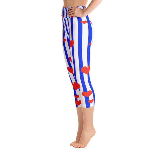 Blue Striped Women's Capri Leggings, American Patriotic Leggings w/ Pockets - Made in USA/EU-Capri Yoga Pants-Heidi Kimura Art LLC