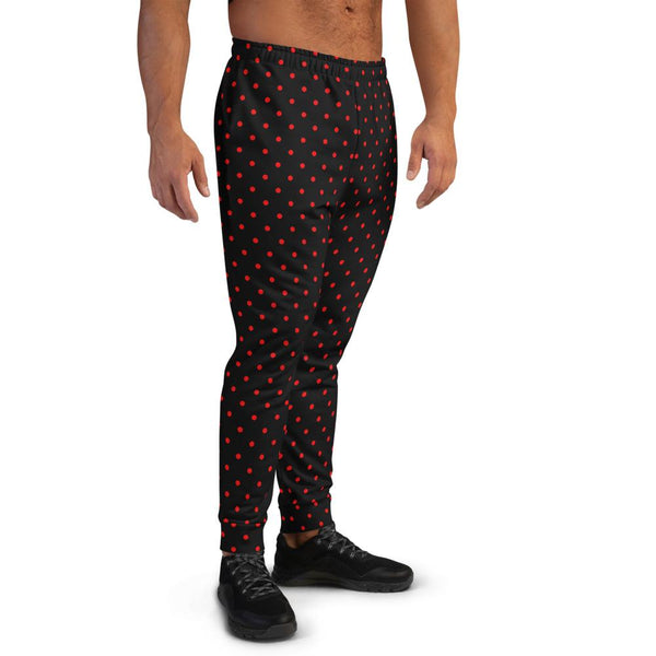 Black Red Classic Polka Dots Print Designer Men's Joggers Fashion Pants- Made in EU-Men's Joggers-Heidi Kimura Art LLC