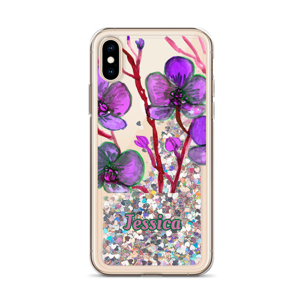 Personalized Orchid Glitter iPhone Case, Floral Print Liquid Glitter Phone Case-Heidi Kimura Art LLC-Pink-iPhone X/XS-Heidi Kimura Art LLC