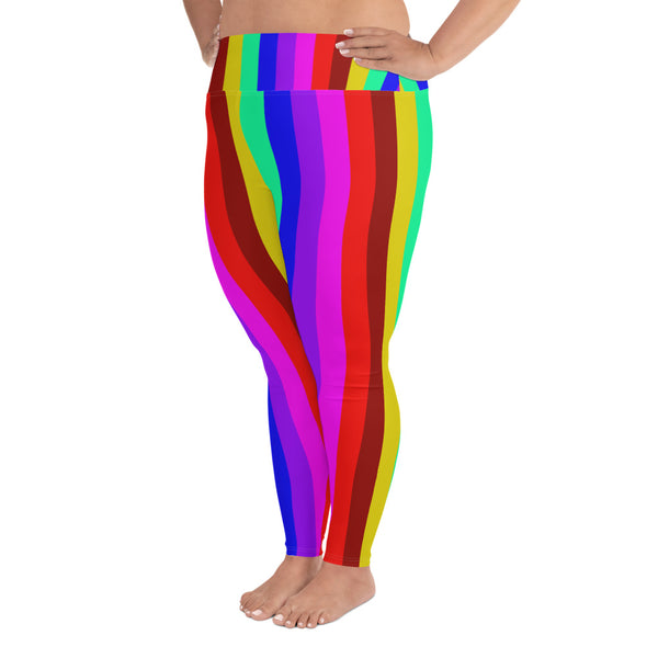 Rainbow Vertical Stripe Women's High Waist Ankle Length Plus Size Leggings-Women's Plus Size Leggings-Heidi Kimura Art LLC