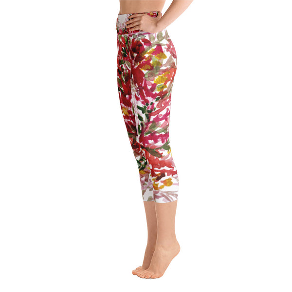 Red Floral Print Women's Capri Leggings, Best Autumn Red Capris Leggings- Made in USA/EU-Capri Yoga Pants-Heidi Kimura Art LLC