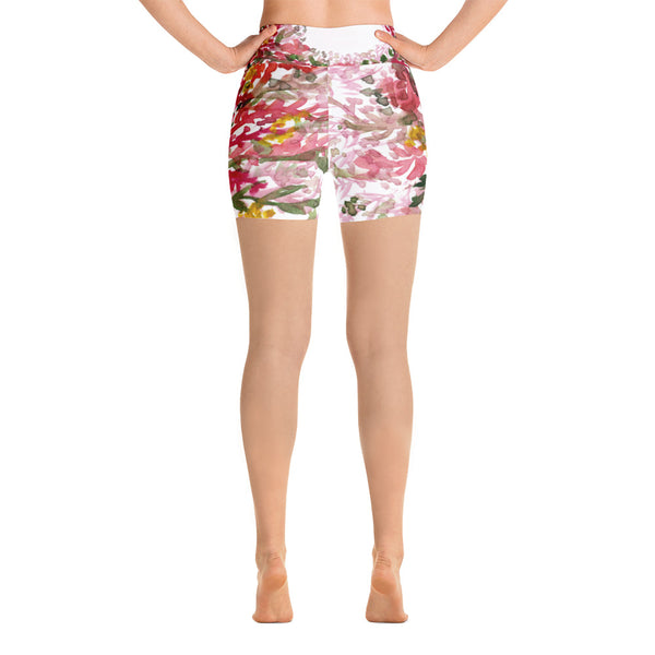 Red Floral Print Women's Yoga Shorts, Premium Short Workout Tights Pants, Made in USA/EU-Yoga Shorts-Heidi Kimura Art LLC