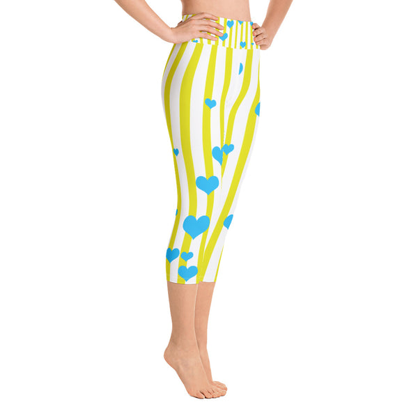 Yellow Striped Women's Yoga Capri Pants Leggings With Pockets - Made in USA-Capri Yoga Pants-Heidi Kimura Art LLC