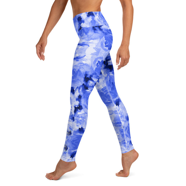 Blue Rose Yoga Leggings, Floral Print Women's Long Tights-Made in USA/EU-Heidi Kimura Art LLC-Heidi Kimura Art LLC