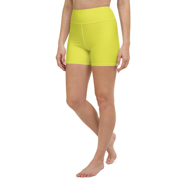 Bright Yellow Women's Yoga Shorts, Solid Color Ladies Short Tights-Made in USA/EU-Heidi Kimura Art LLC-Heidi Kimura Art LLC Bright Yellow Women's Yoga Shorts, Solid Color Premium Quality Women's High Waist Spandex Fitness Workout Yoga Shorts, Yoga Tights, Fashion Gym Quick Drying Short Pants With Pockets - Made in USA/EU (US Size: XS-XL)