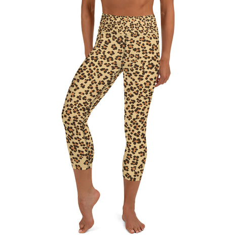 Brown Leopard Animal Print Women's Yoga Capri Leggings Yoga Pants- Made in USA/EU-Capri Yoga Pants-XS-Heidi Kimura Art LLC