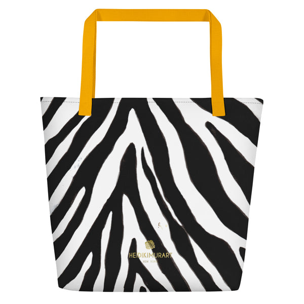Designer Black White Zebra Animal Pattern Print Large Tote 16"x20" Beach Bag- Made in USA/EU-Beach Tote Bag-Yellow-Heidi Kimura Art LLC