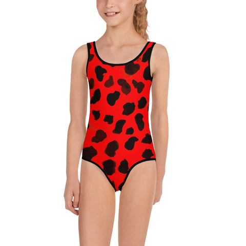 Cute Bright Red Cow Farm Animal Print Girl's Kids Premium Swimsuit Bathing Suit-Kid's Swimsuit (Girls)-2T-Heidi Kimura Art LLC Cute Bright Red Cow Farm Animal Print Girl's Kids Premium Swimsuit Bathing Suit - Made in USA (US Size: 2T-7) Red Cow Girl's Swimsuit