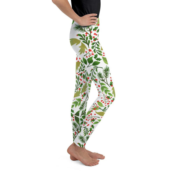 White Green Red Christmas Floral Print Premium Best Youth Leggings- Made in USA//EU-Youth's Leggings-Heidi Kimura Art LLC