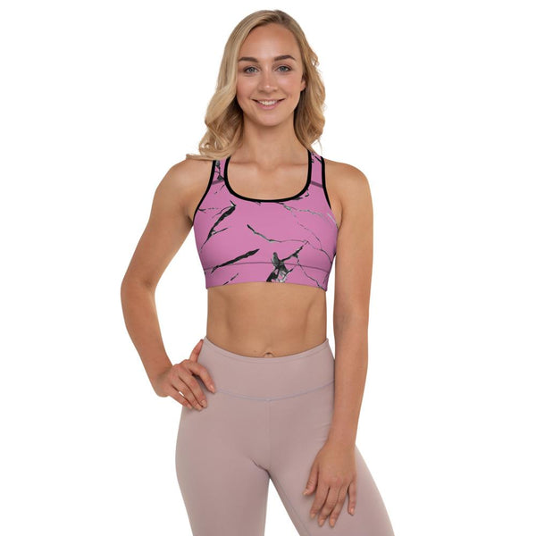 Pink Marble Print Premium Women's Padded Sports Gym Workout Bra- Made in USA/ EU-Sports Bras-Black-XS-Heidi Kimura Art LLC