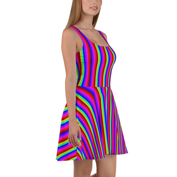 Rainbow Stripe Skater Dress, Gay Pride Parade Women's Dress-Made in EU-Heidi Kimura Art LLC-Heidi Kimura Art LLC Rainbow Stripe Skater Dress, Gay Pride Parade Colorful Best Women's A-line Skater Dress Sizes XS-3XL - Made in Europe (US Size: XS-3XL)