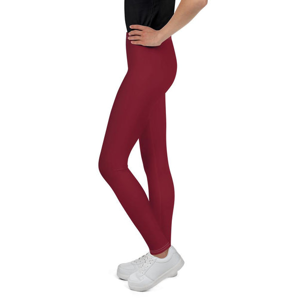 Burgundy Red Solid Color Print Premium Youth Leggings Gym Tights - Made in USA/EU-Youth's Leggings-Heidi Kimura Art LLC