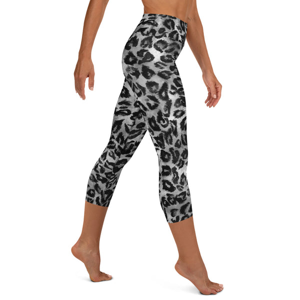 Gray Leopard Animal Print Women's Yoga Capri Leggings Pants Tights- Made in USA/ EU-Capri Yoga Pants-Heidi Kimura Art LLC