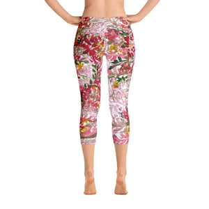 Fall Red Floral Capri Leggings Casual Fashion Activewear - Made in USA (US Size: XS-XL)-capri leggings-XS-Heidi Kimura Art LLC