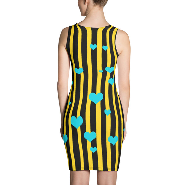Designer Striped Print Black + Yellow Women's One-Piece Dress- Made in USA/ Europe-Women's Sleeveless Dress-Heidi Kimura Art LLC