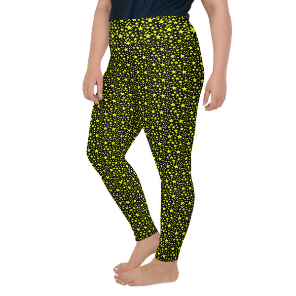 Bright Yellow Rock Star Pattern Print Women's Plus Size Leggings Yoga Pants- Made in USA-Women's Plus Size Leggings-Heidi Kimura Art LLC