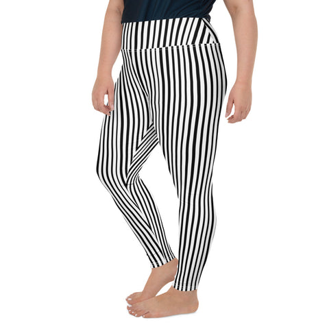 White Black Vertical Stripe Print Women's Best Plus Size Leggings Yoga Pants- Made in USA/EU-Women's Plus Size Leggings-Heidi Kimura Art LLC