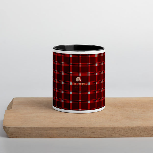 Red Plaid Print Cup, Mug with Color Inside, Microwave Dishwasher Safe-Heidi Kimura Art LLC-Black-Heidi Kimura Art LLC