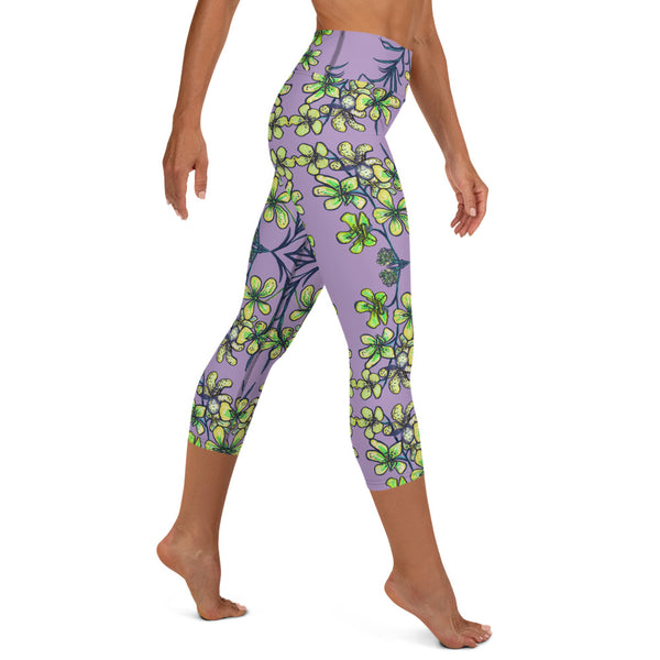 Purple Orchid Yoga Capri Leggings, Yellow Capris Tighst-Made in USA/EU-Heidi Kimura Art LLC-Heidi Kimura Art LLC