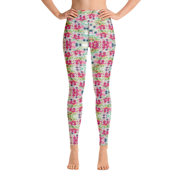 Pink Floral Yoga Leggings-Heidikimurart Limited -Heidi Kimura Art LLCPink Floral Yoga Leggings, Pink Flower Rose Print Modern Women's Gym Workout Active Wear Fitted Leggings Sports Long Yoga & Barre Pants - Made in USA/EU/MX (US Size: XS-6XL)