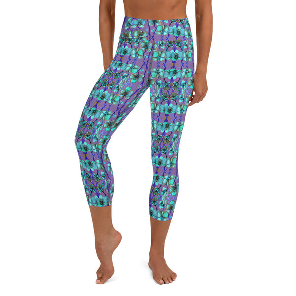 Purple Blue Capris Tights, Orchids Floral Print Pattern Women's Yoga Capri Leggings-Heidi Kimura Art LLC-Heidi Kimura Art LLC