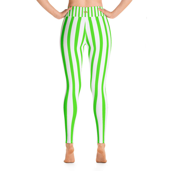 Women's Green & White Stripe Print Stretchy Comfy Long Yoga Pants - Made in USA-Leggings-Heidi Kimura Art LLC Green Striped Women's Yoga Pants, Women's Neon Green & White Stripe Active Wear Fitted Leggings Sports Long Yoga & Barre Pants, Festive Leggings - Made in USA (US Size: XS-XL)