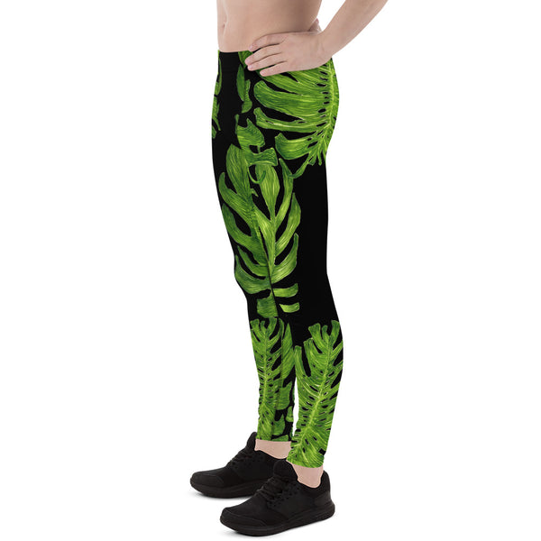 Tropical Print Meggings, Black Green Palm Print Men's Leggings Tights -Made in USA/EU-Men's Leggings-Heidi Kimura Art LLC