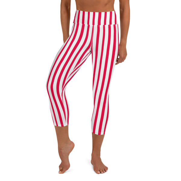 Red Striped Women's Capri Pants, Red White Vertically Striped Print Capri Leggings Women's Yoga Pants w/ Pockets - Made in USA/EU/MX (US Size: XS-XL) Candy Cane Christmas Leggings For Women