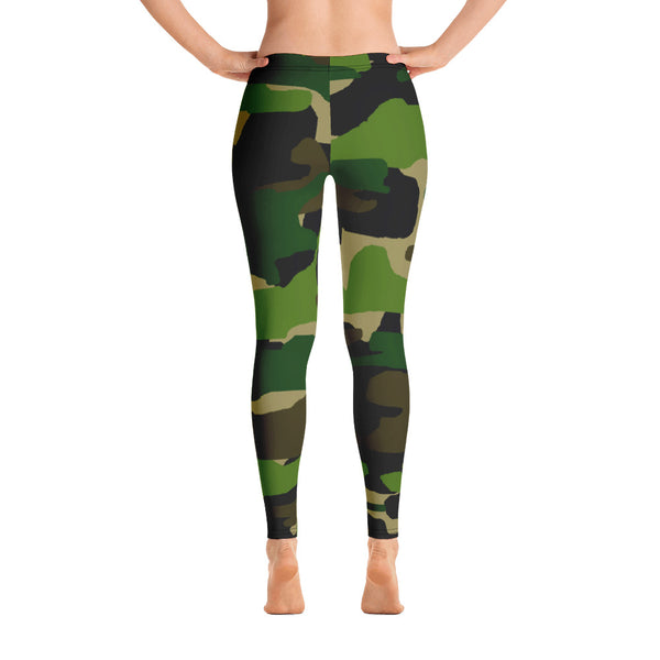 Green Military Camouflage Print Women's Long Casual Leggings/ Running Tights -Made in USA-Casual Leggings-XS-Heidi Kimura Art LLC