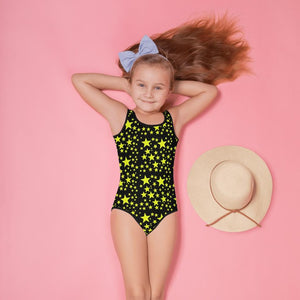 Black Yellow Stars Girl's Swimsuit, Black Star Girl's Swimsuit, Space Galaxy Print, Girl's Kids Premium Swimwear Sportswear Swimsuit - Made in USA/EU (US Size: 2T-7)