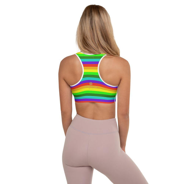 Rainbow Horizontal Stripe Print Women's Padded Gym Fitness Sports Bra-Made in USA/EU-Sports Bras-Heidi Kimura Art LLC