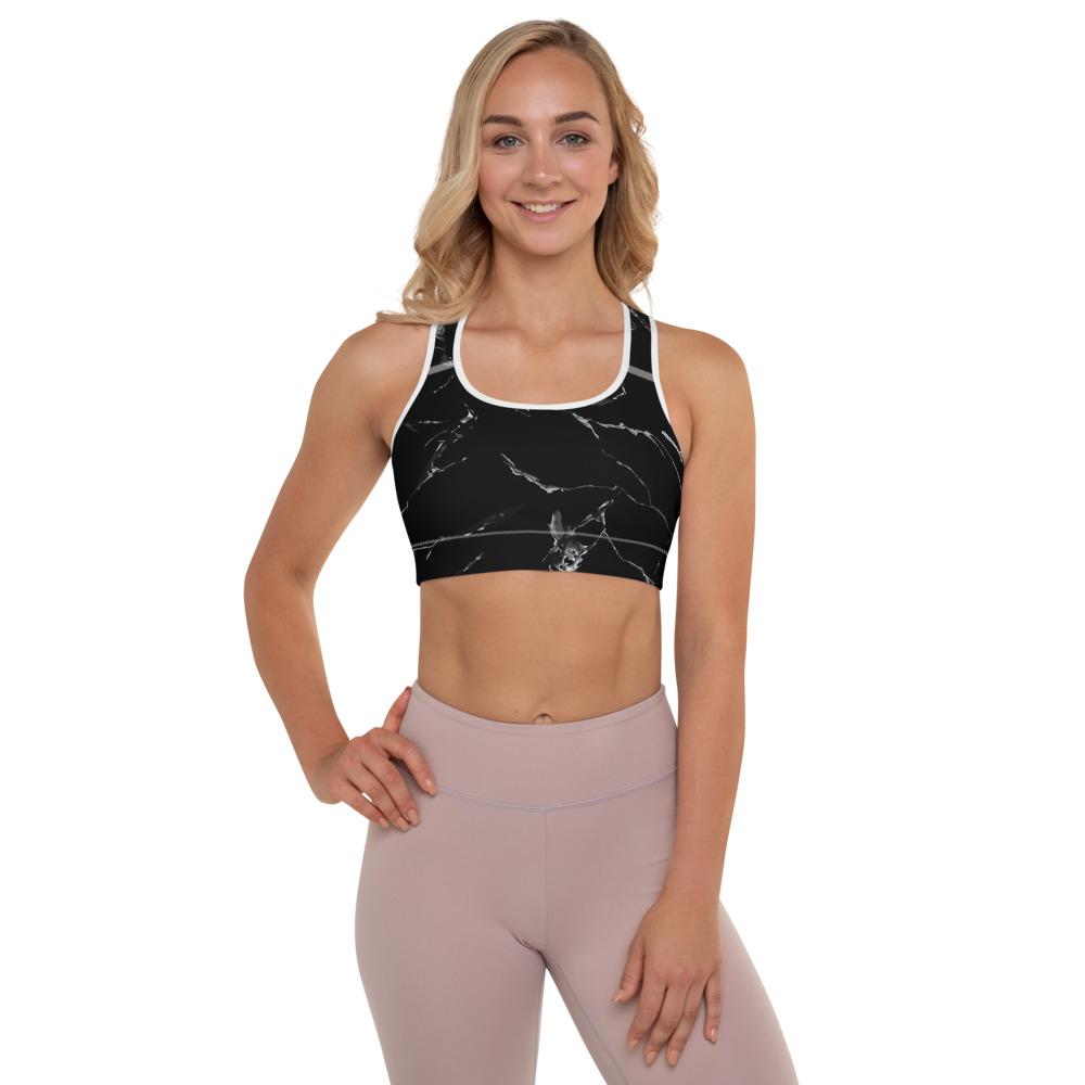Black Marble Print Women's Premium Padded Fitness Gym Sports Bra- Made in USA/EU-Sports Bras-White-XS-Heidi Kimura Art LLC