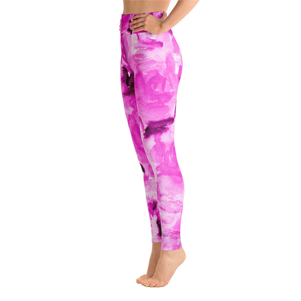 Pink Abstract Rose Floral Print Ocean Yoga Leggings/ Long Yoga Pants - Made in USA-Leggings-Heidi Kimura Art LLC Hot Pink Floral Women's Leggings, Pink Abstract Rose Floral Print Yoga Leggings/ Long Yoga Pants - Made in USA/EU (US Size: XS-XL)
