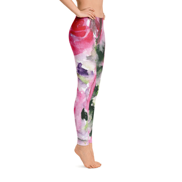Misty Pink Rose Floral Print Women's Long Casual Leggings/ Running Tights - Made in USA (US Size: XS-XL)-Casual Leggings-Heidi Kimura Art LLC
